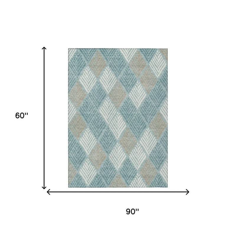 Blue and beige geometric diamond patterned area rug, 90"x60", made from durable synthetic fibers.