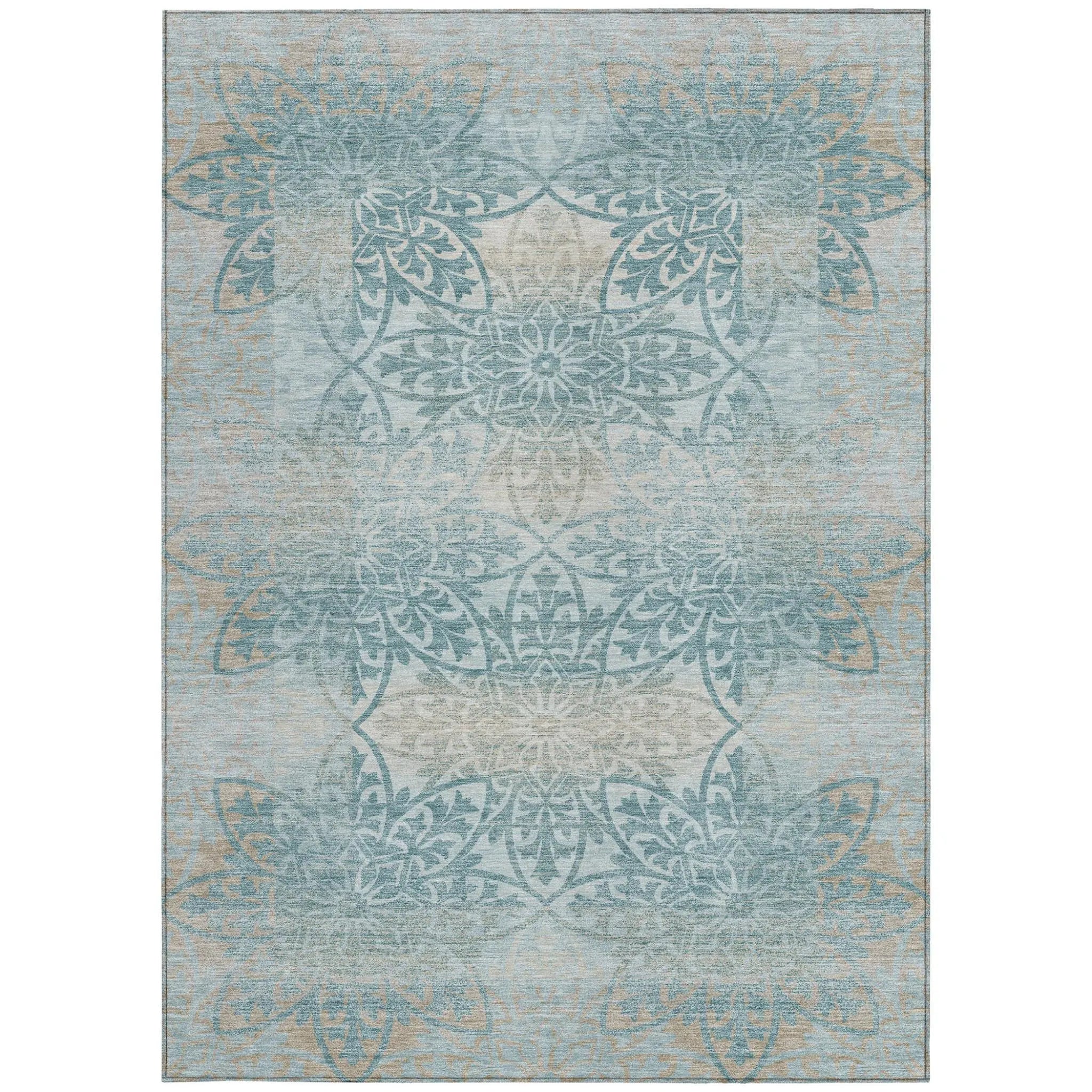 5' X 8' Teal Blue And Silver Oriental Washable Indoor Outdoor Area Rug Homeroots Outdoor