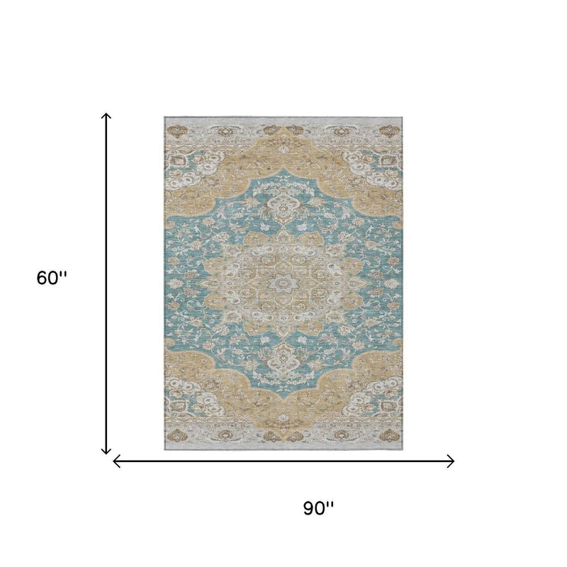 5' X 8' Teal Blue And Silver Oriental Washable Indoor Outdoor Area Rug Homeroots Outdoor