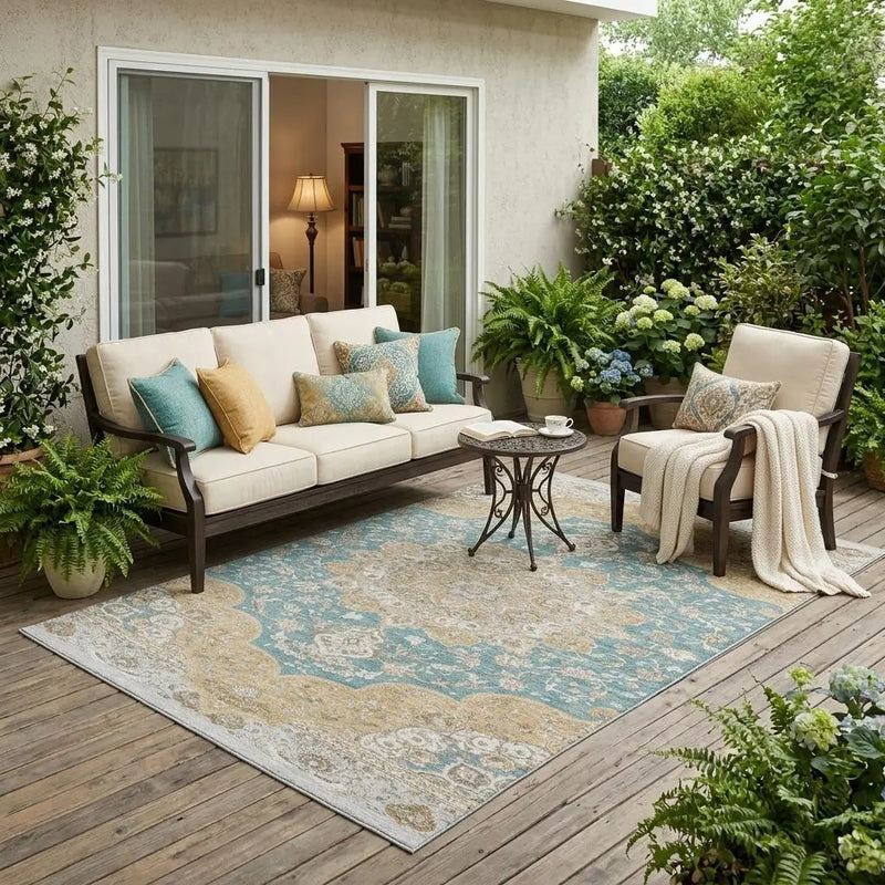 5' X 8' Teal Blue And Silver Oriental Washable Indoor Outdoor Area Rug Homeroots Outdoor