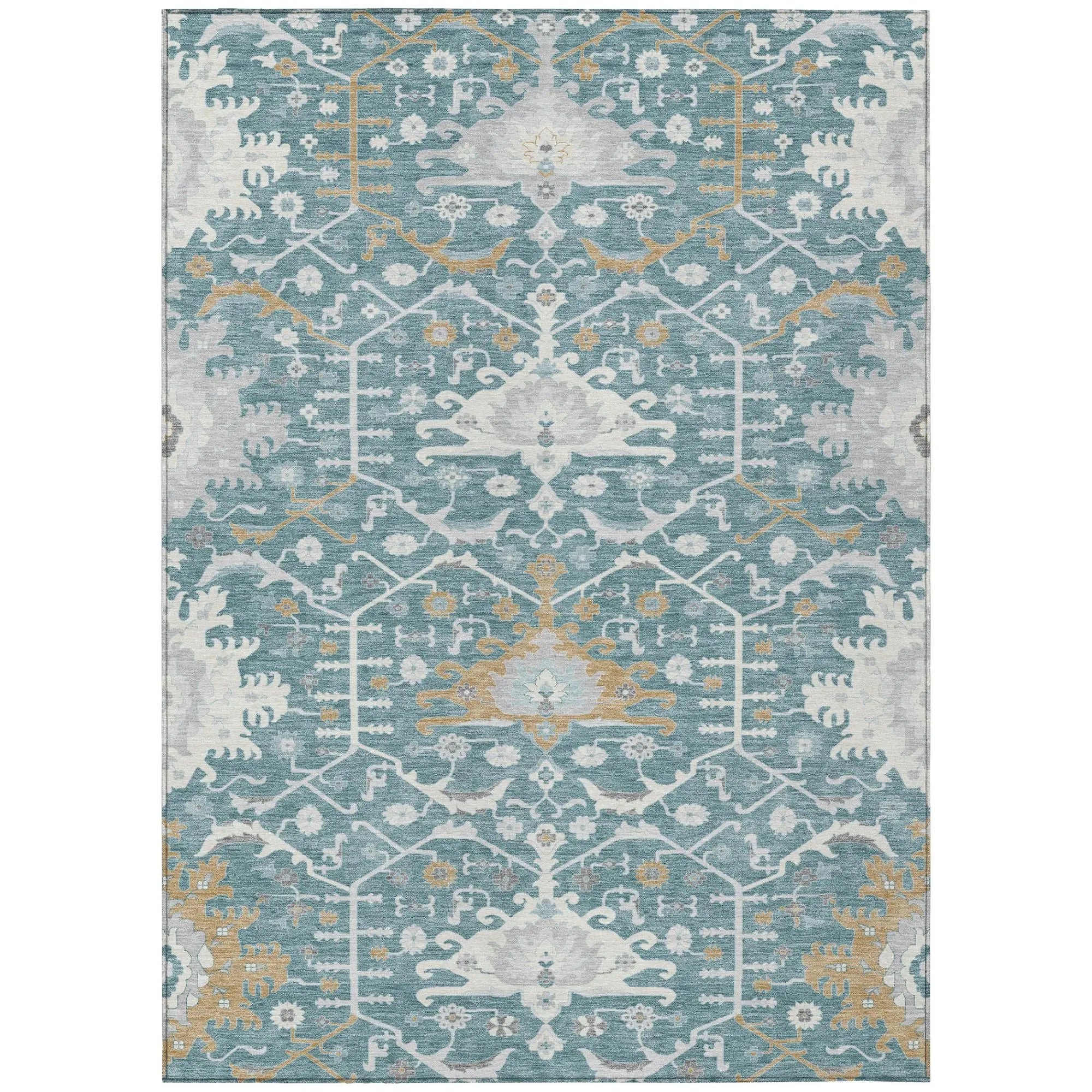 5' X 8' Teal Blue And Silver Oriental Washable Indoor Outdoor Area Rug Homeroots Outdoor