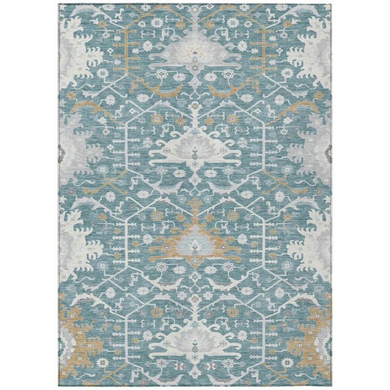 5' X 8' Teal Blue And Silver Oriental Washable Indoor Outdoor Area Rug Homeroots Outdoor