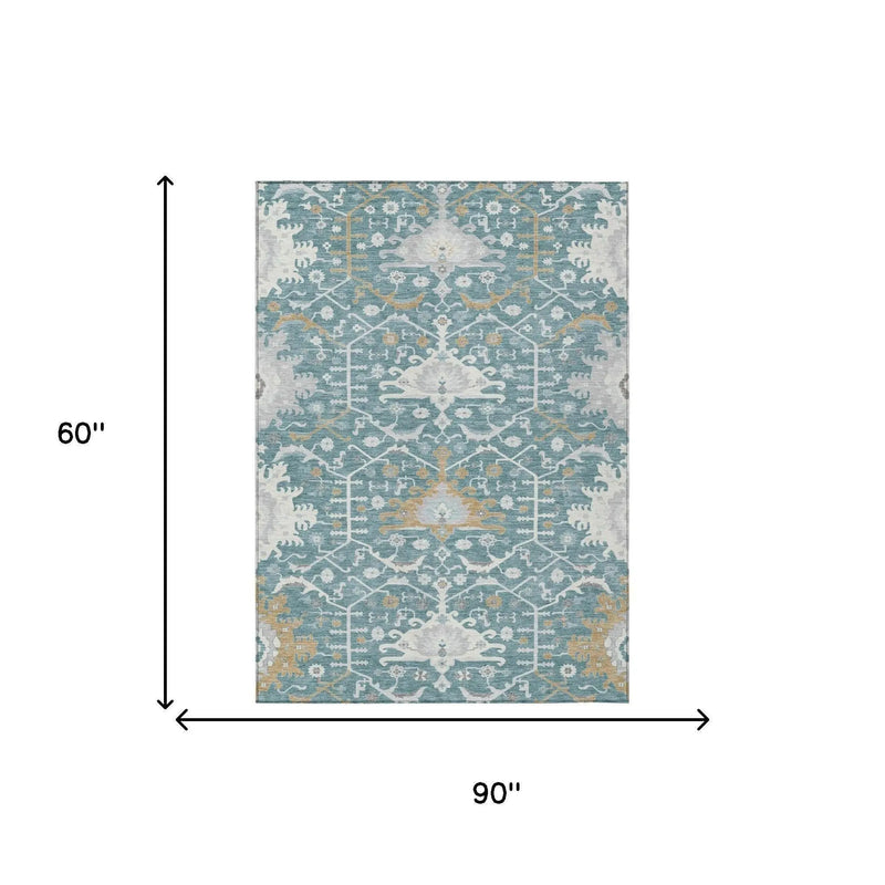 5' X 8' Teal Blue And Silver Oriental Washable Indoor Outdoor Area Rug Homeroots Outdoor