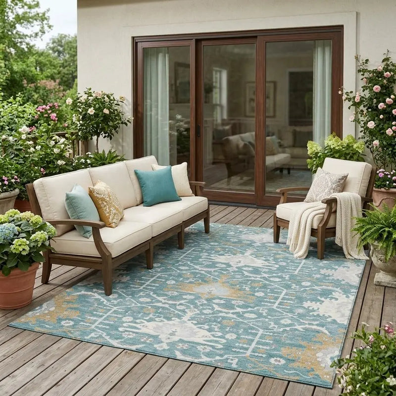 5' X 8' Teal Blue And Silver Oriental Washable Indoor Outdoor Area Rug Homeroots Outdoor