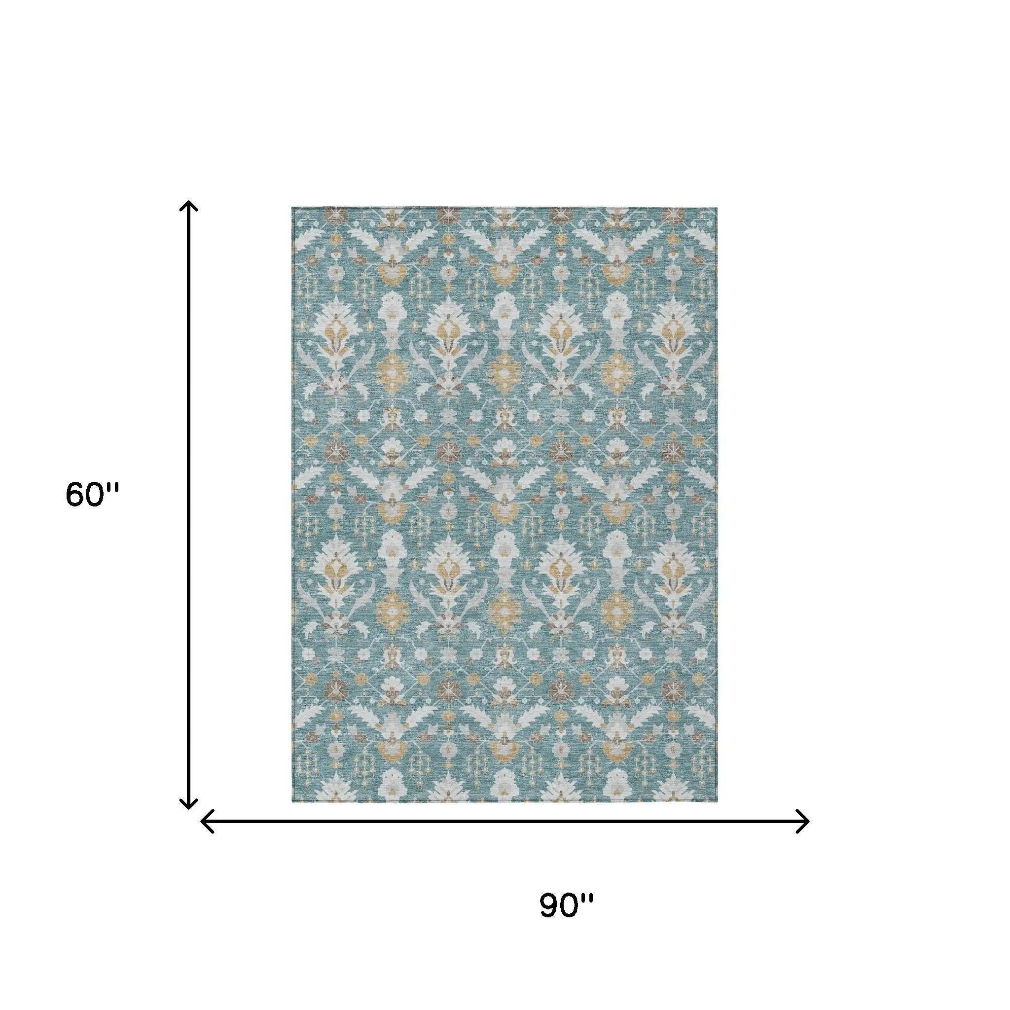 5' X 8' Teal Blue And Silver Oriental Washable Indoor Outdoor Area Rug Homeroots Outdoor