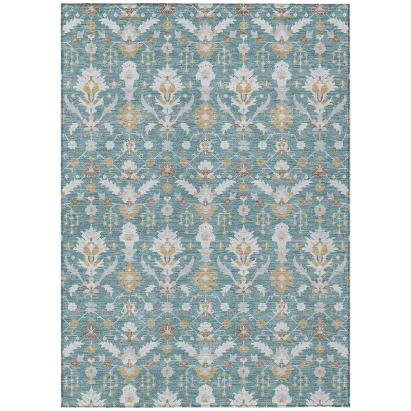 5' X 8' Teal Blue And Silver Oriental Washable Indoor Outdoor Area Rug Homeroots Outdoor