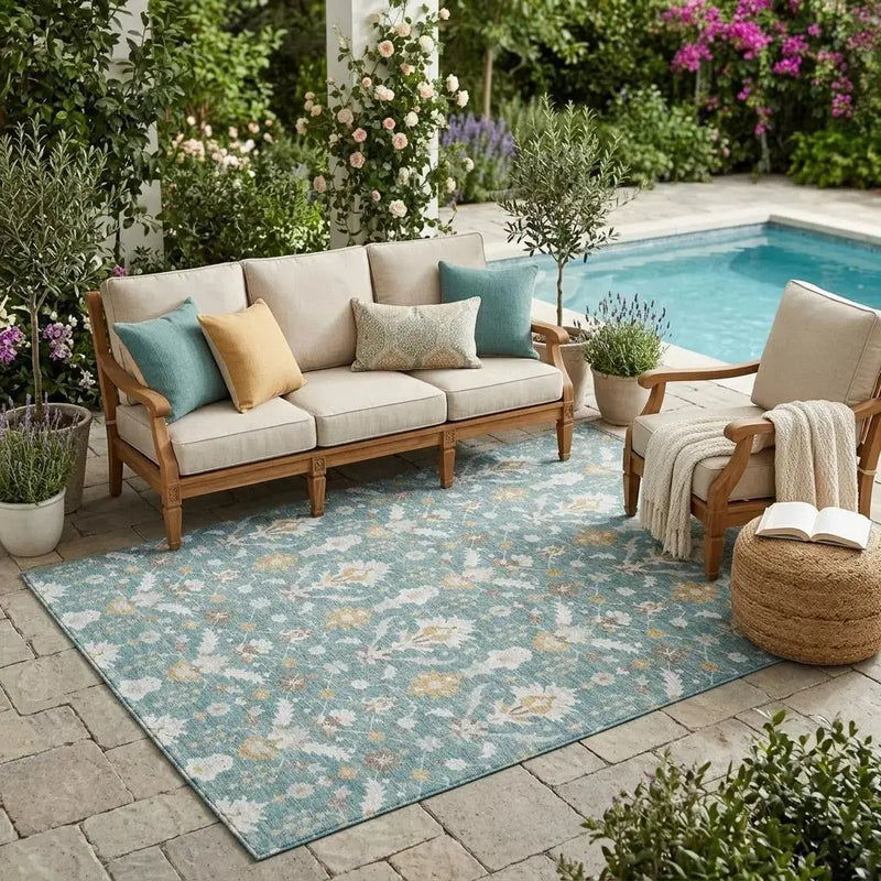 5' X 8' Teal Blue And Silver Oriental Washable Indoor Outdoor Area Rug Homeroots Outdoor