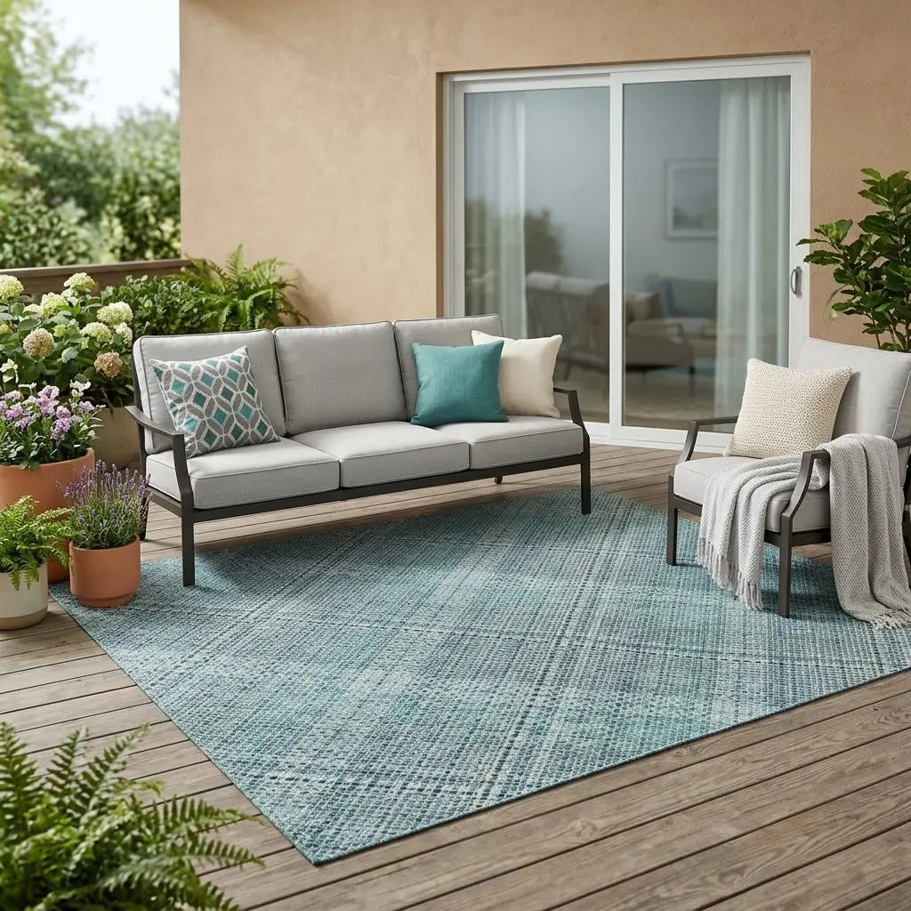 5' X 8' Teal Blue And Silver Plaid Washable Indoor Outdoor Area Rug Homeroots Outdoor