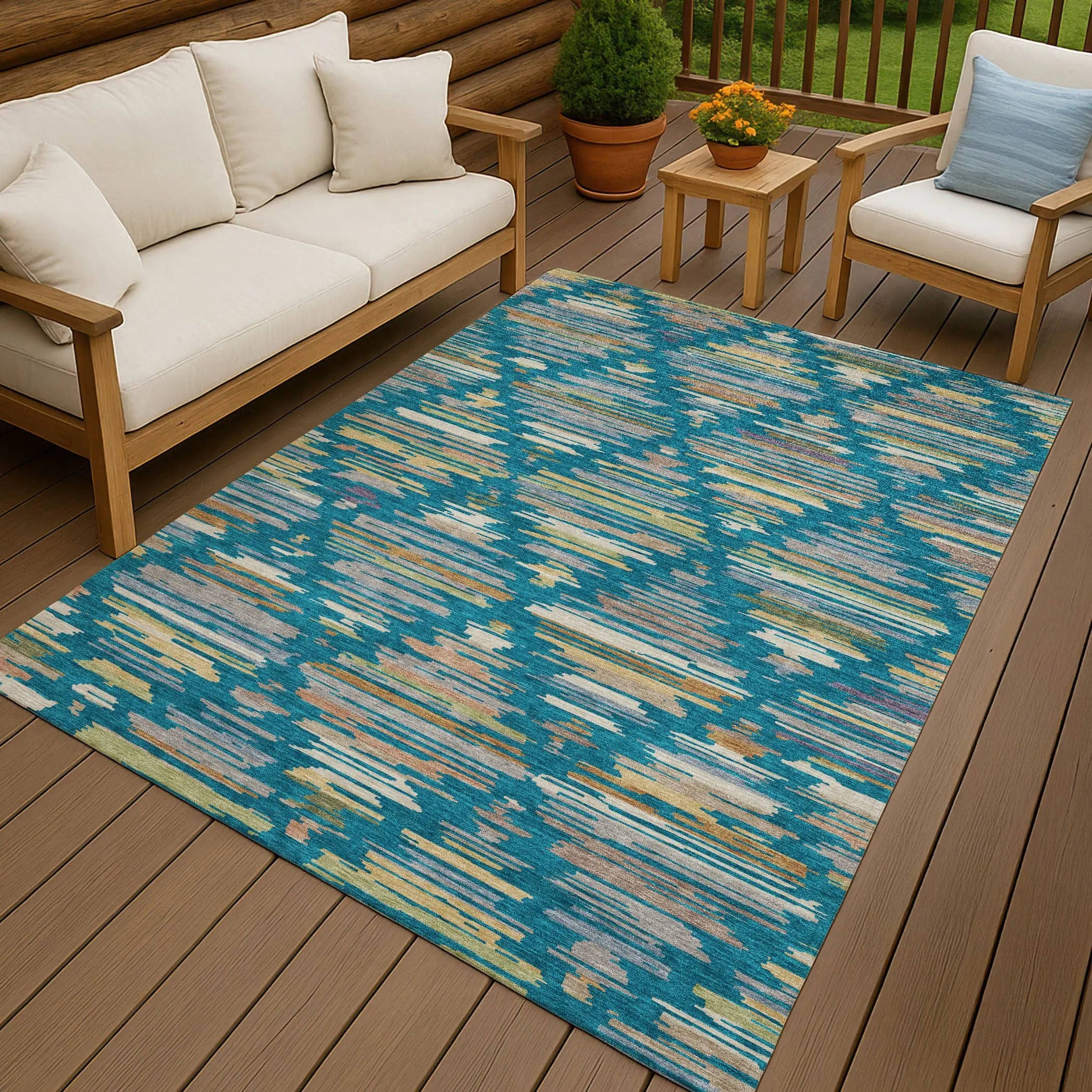 5' X 8' Teal Blue And Silver Southwestern Washable Indoor Outdoor Area Rug Homeroots Outdoor