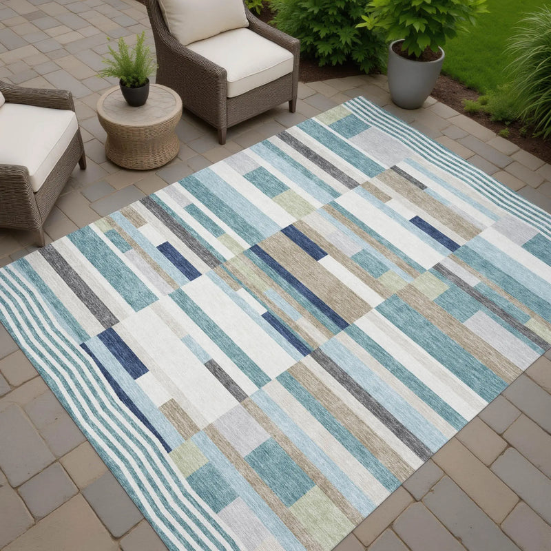 5' X 8' Teal Blue And Silver Striped Washable Indoor Outdoor Area Rug Homeroots Outdoor
