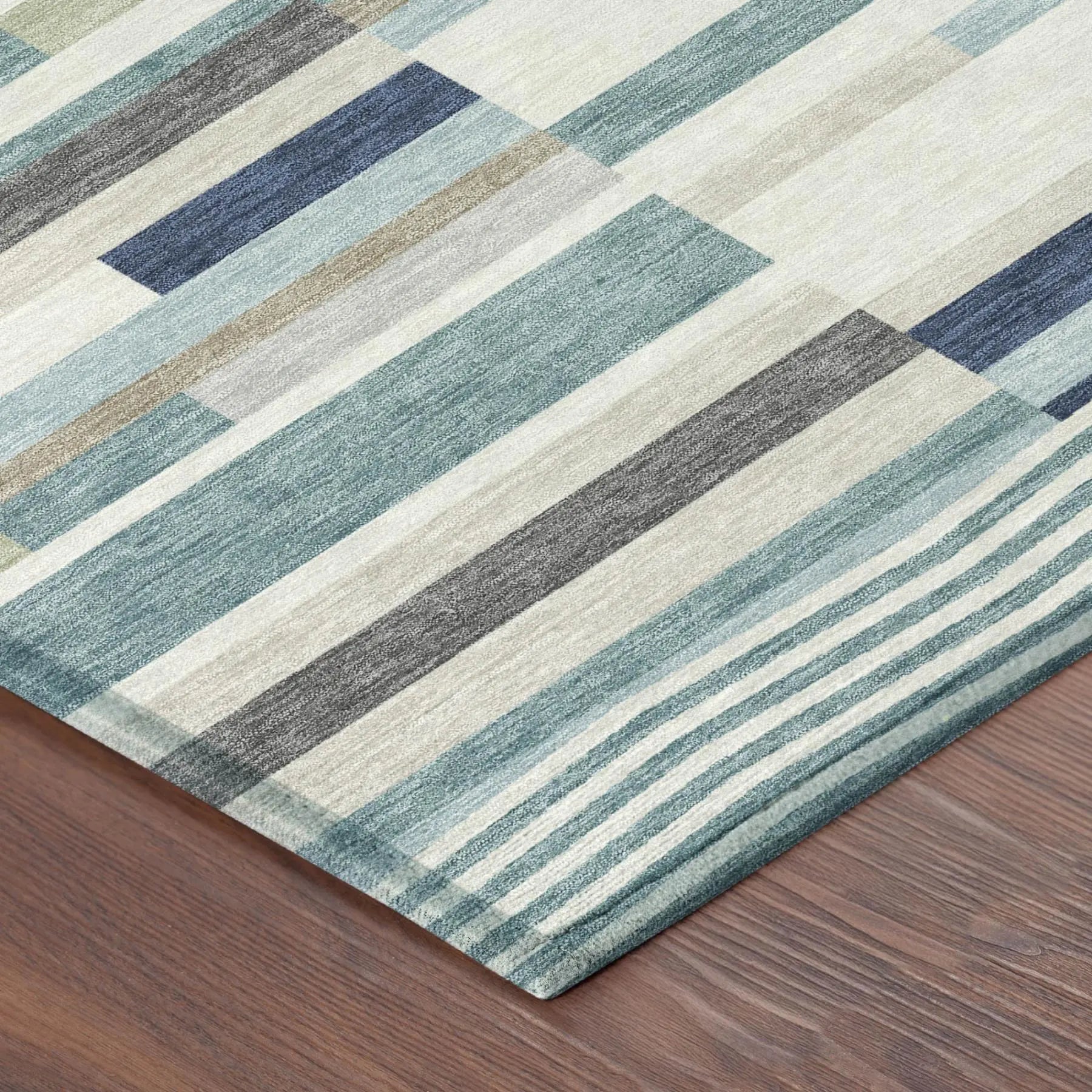 5' X 8' Teal Blue And Silver Striped Washable Indoor Outdoor Area Rug Homeroots Outdoor