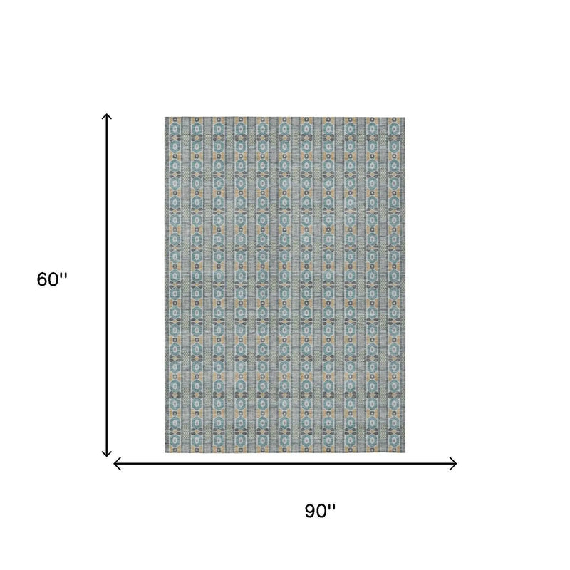 5' X 8' Teal Blue And Silver Striped Washable Indoor Outdoor Area Rug Homeroots Outdoor
