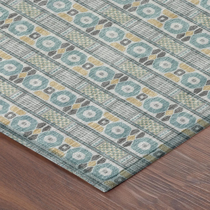 5' X 8' Teal Blue And Silver Striped Washable Indoor Outdoor Area Rug Homeroots Outdoor