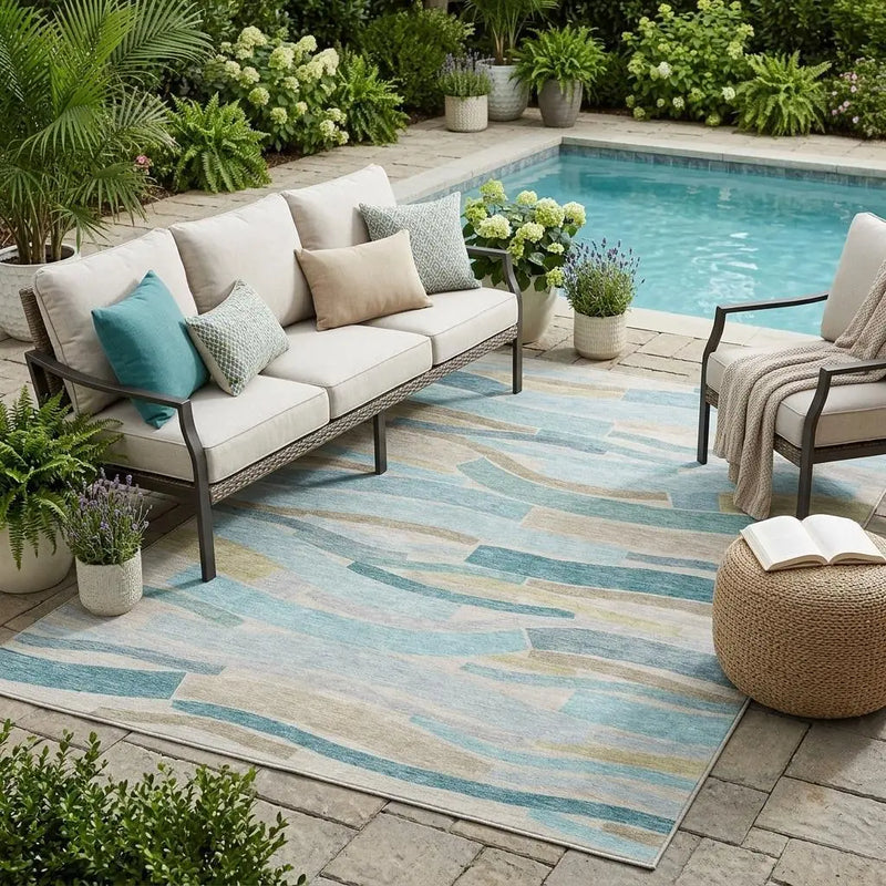 5' X 8' Teal Blue And Silver Striped Washable Indoor Outdoor Area Rug Homeroots Outdoor