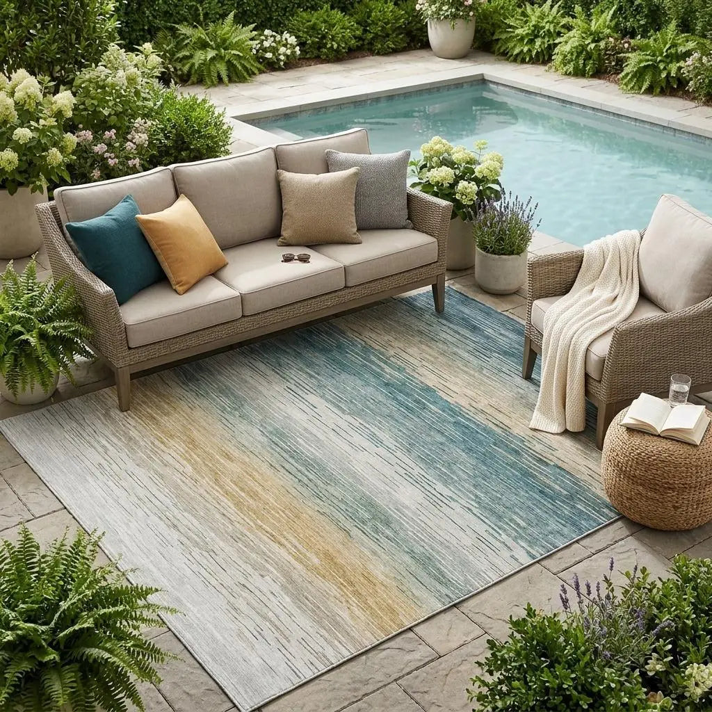 5' X 8' Teal Blue And Silver Striped Washable Indoor Outdoor Area Rug Homeroots Outdoor