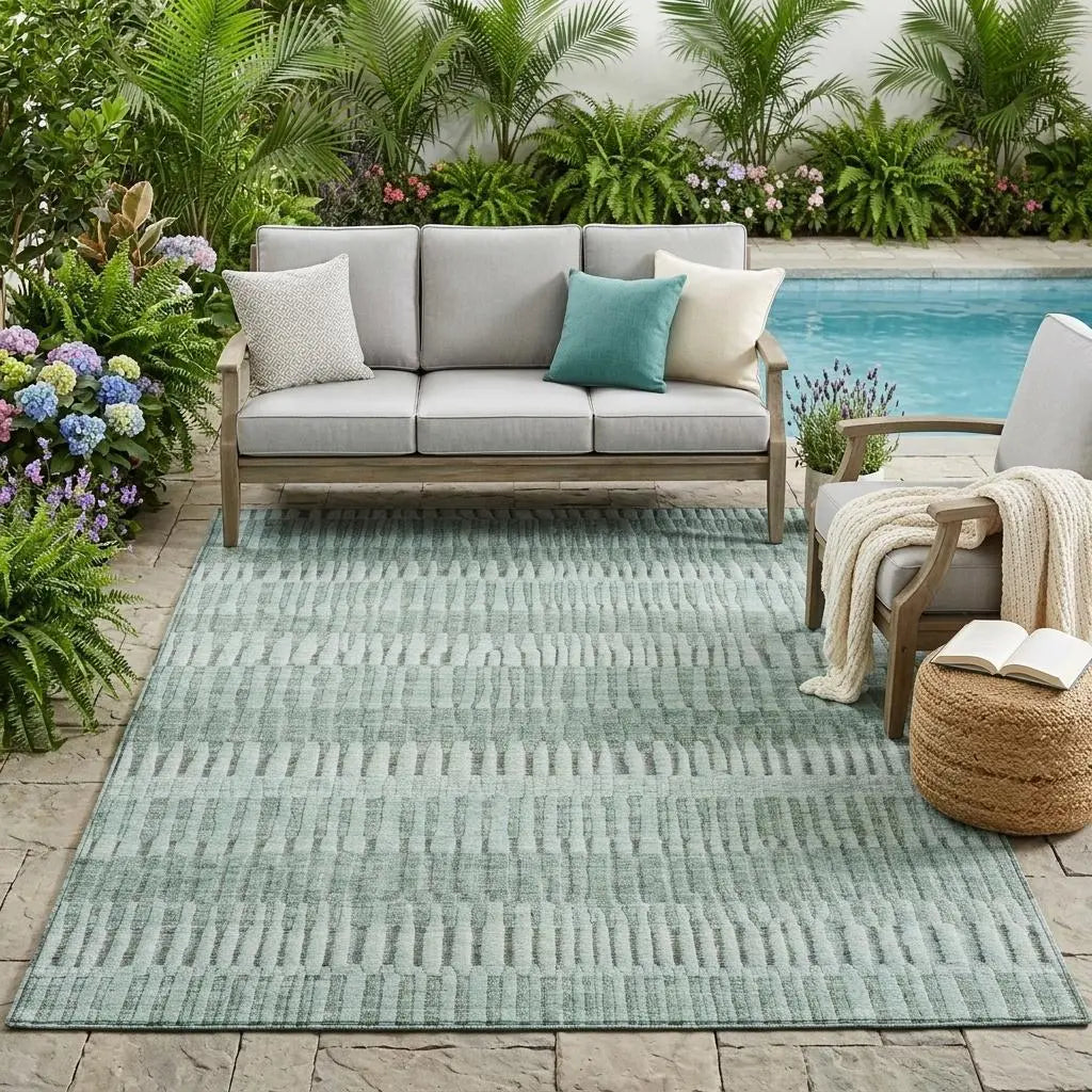 5' X 8' Teal Blue And Silver Striped Washable Indoor Outdoor Area Rug Homeroots Outdoor