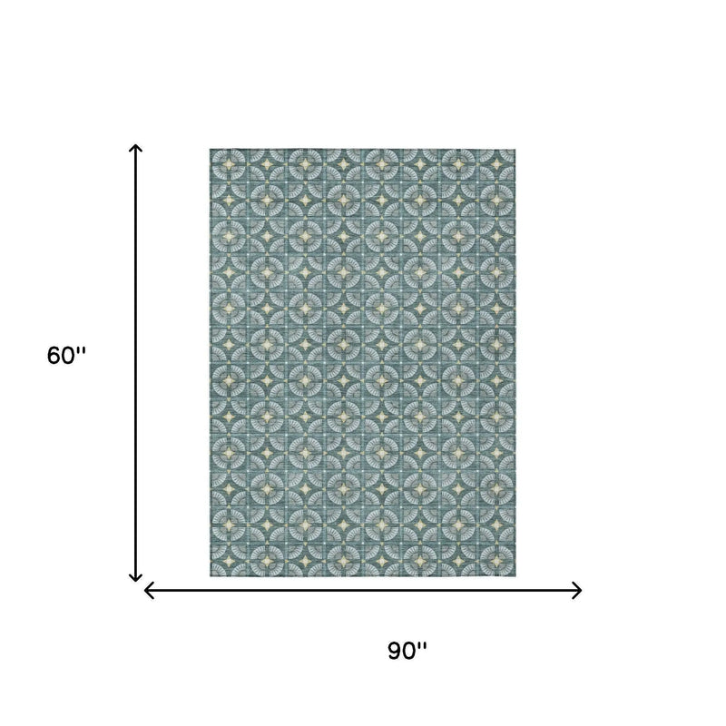 5' X 8' Teal Blue And Sky Blue Geometric Washable Indoor Outdoor Area Rug Homeroots Outdoor