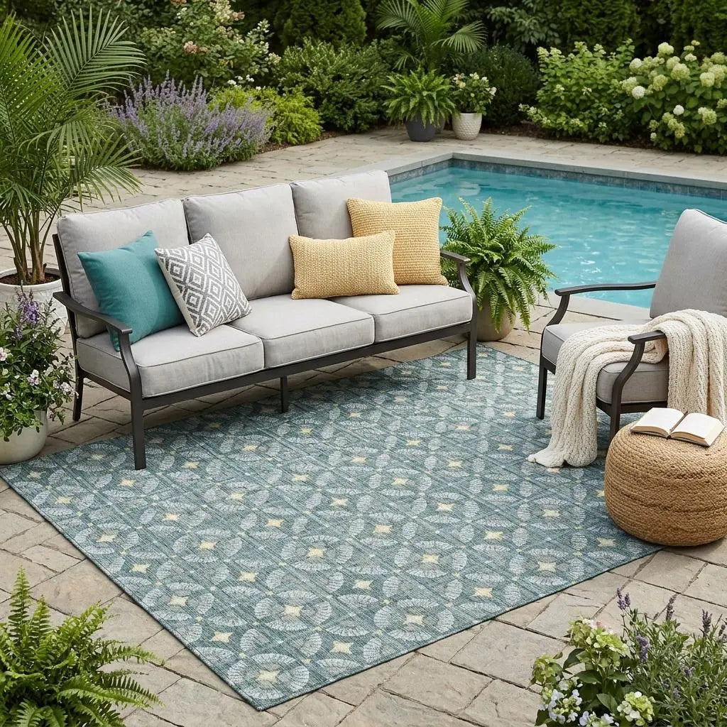 5' X 8' Teal Blue And Sky Blue Geometric Washable Indoor Outdoor Area Rug Homeroots Outdoor