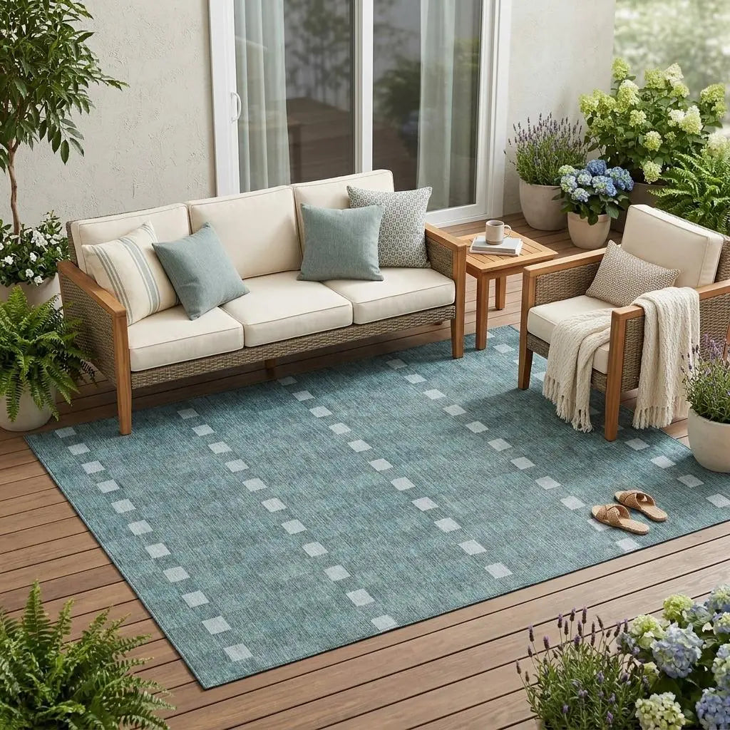 5' X 8' Teal Blue And Sky Blue Geometric Washable Indoor Outdoor Area Rug Homeroots Outdoor
