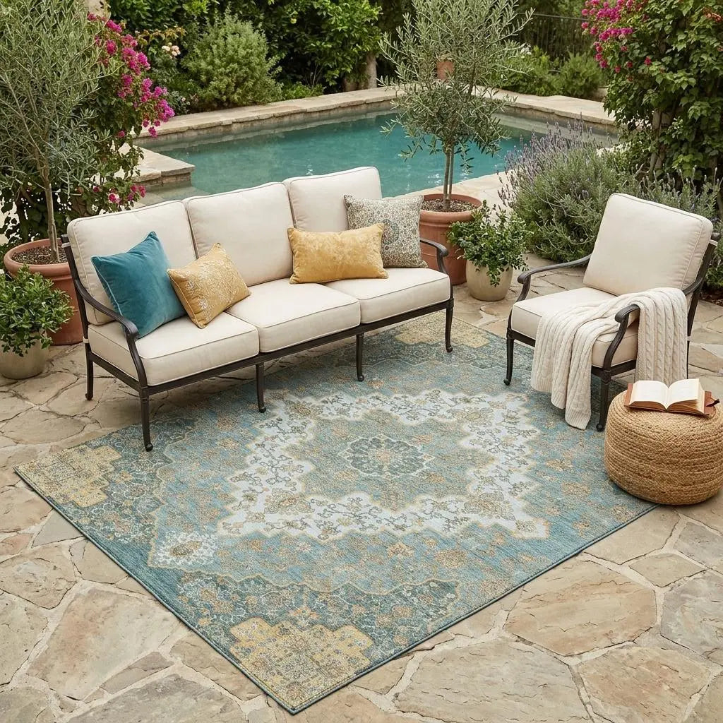 5' X 8' Teal Blue And Sky Blue Medallion Washable Indoor Outdoor Area Rug Homeroots Outdoor