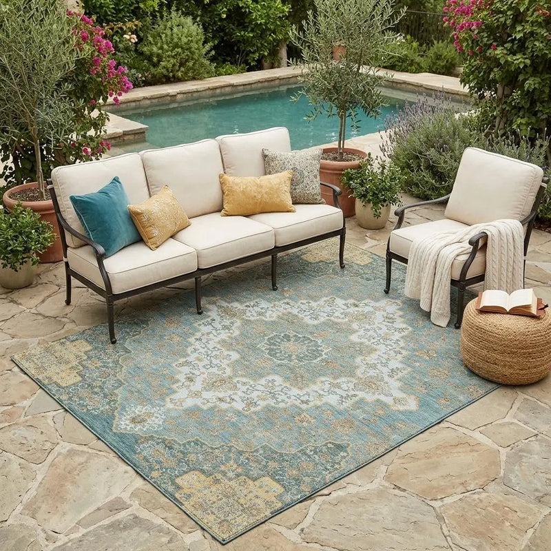5' X 8' Teal Blue And Sky Blue Medallion Washable Indoor Outdoor Area Rug Homeroots Outdoor