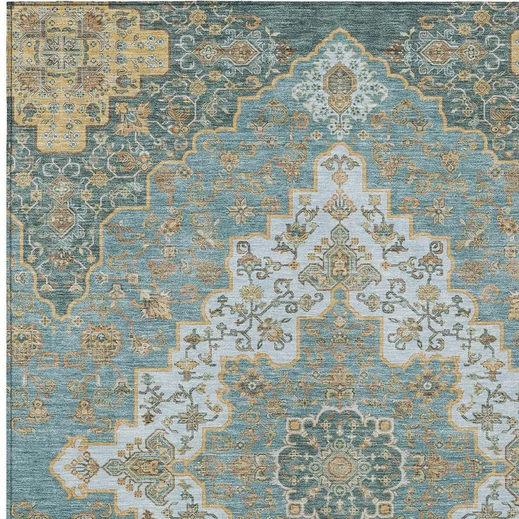 5' X 8' Teal Blue And Sky Blue Medallion Washable Indoor Outdoor Area Rug Homeroots Outdoor