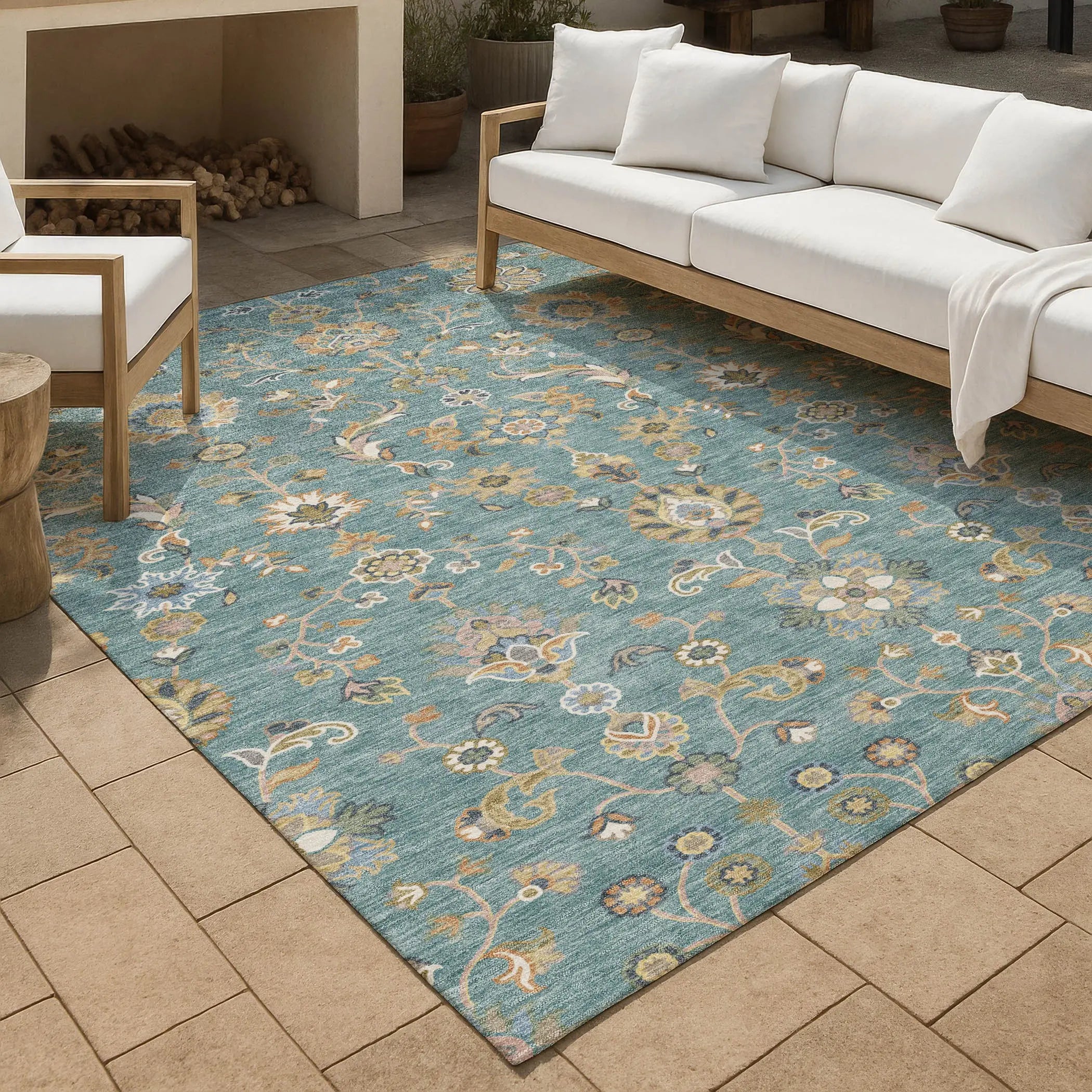 5' X 8' Teal Blue And Taupe Abstract Washable Indoor Outdoor Area Rug Homeroots Outdoor
