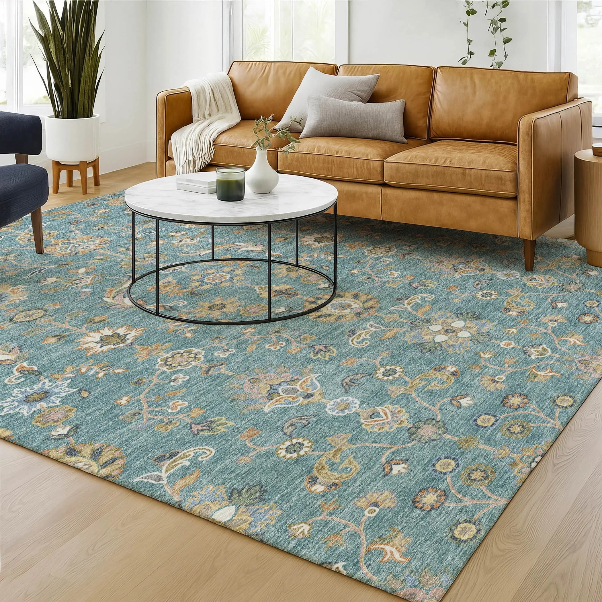 5' X 8' Teal Blue And Taupe Abstract Washable Indoor Outdoor Area Rug Homeroots Outdoor
