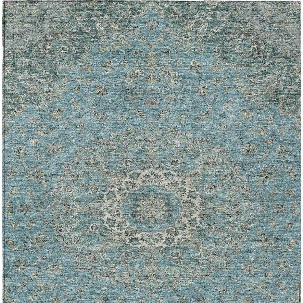 5' X 8' Teal Blue And Turquoise Floral Medallion Washable Indoor Outdoor Area Rug Homeroots Outdoor