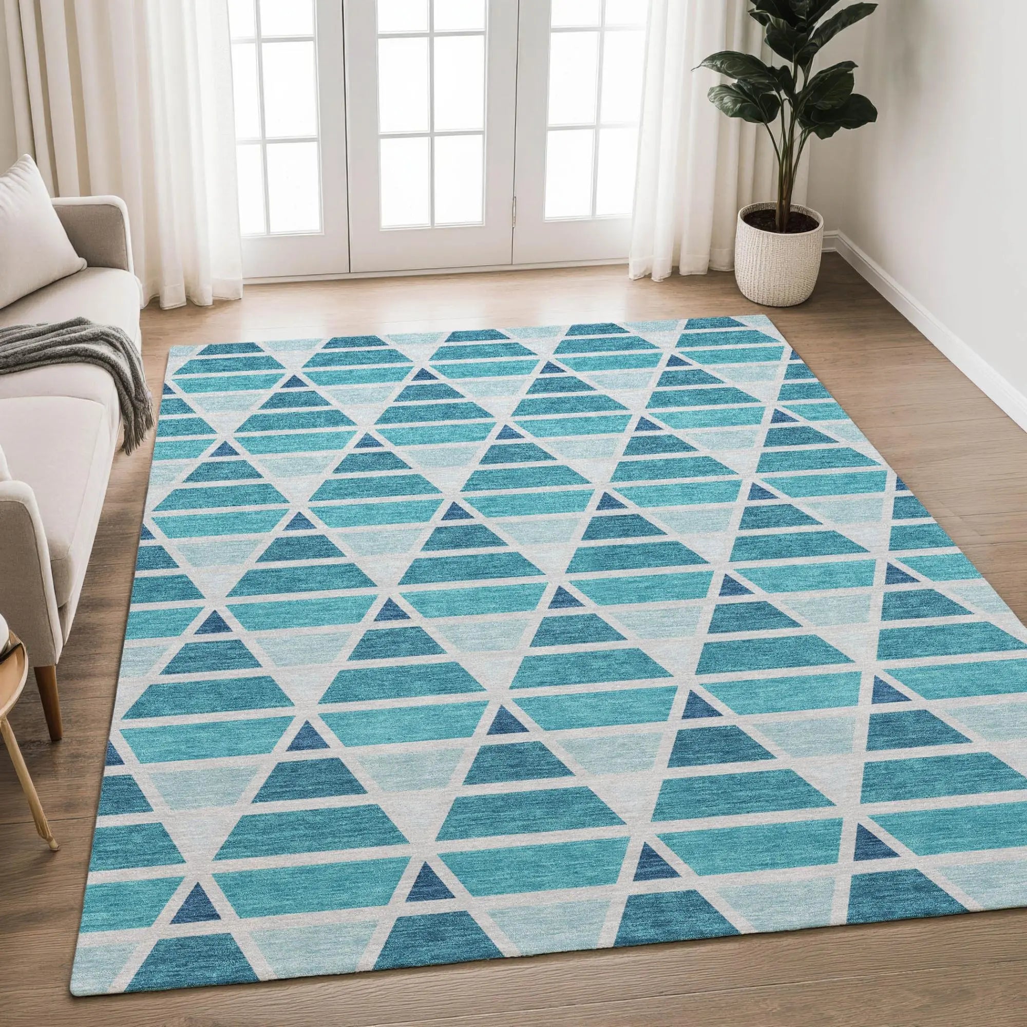 5' X 8' Teal Blue And Turquoise Geometric Washable Indoor Outdoor Area Rug Homeroots Outdoor
