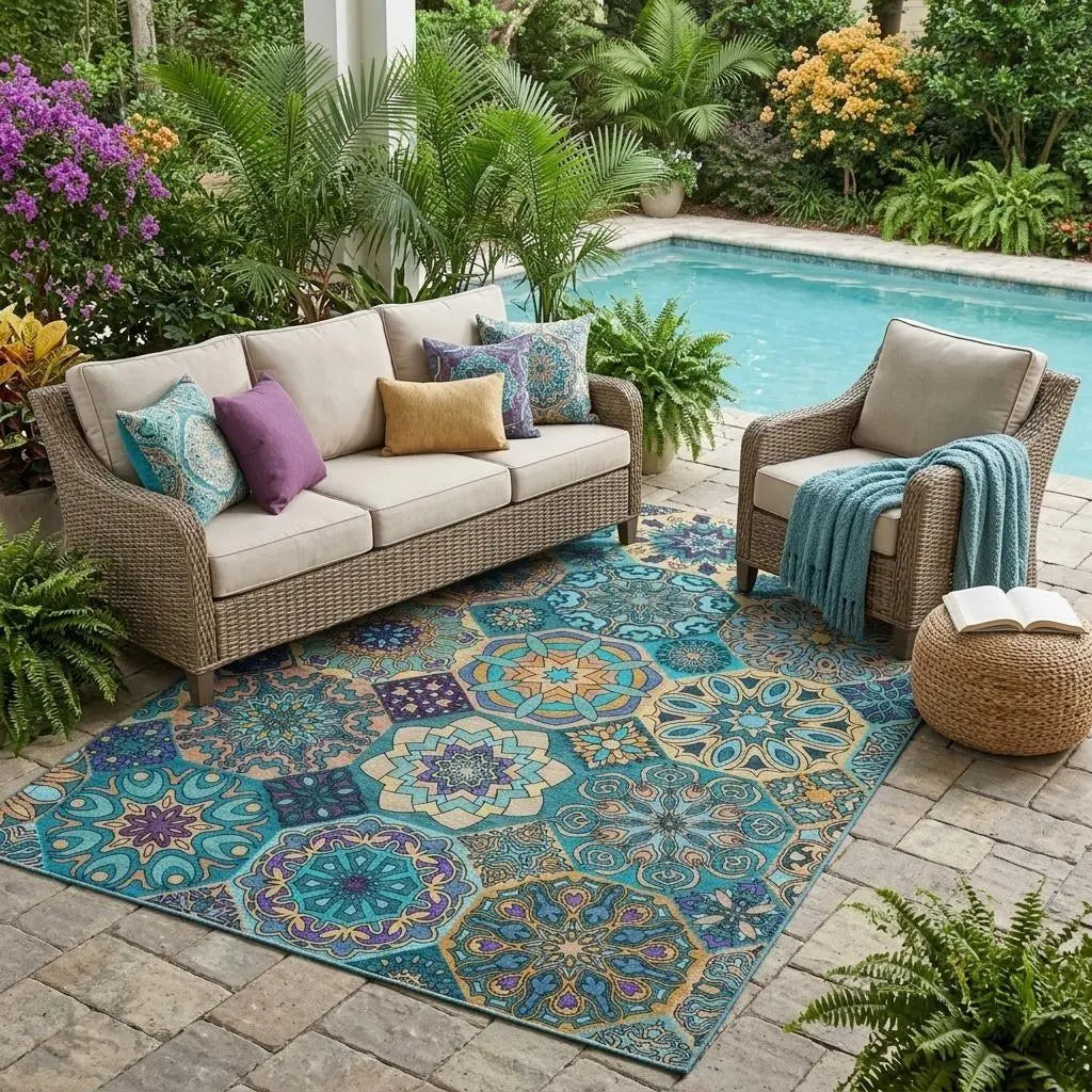 5' X 8' Teal Blue And Turquoise Patchwork Washable Indoor Outdoor Area Rug Homeroots Outdoor