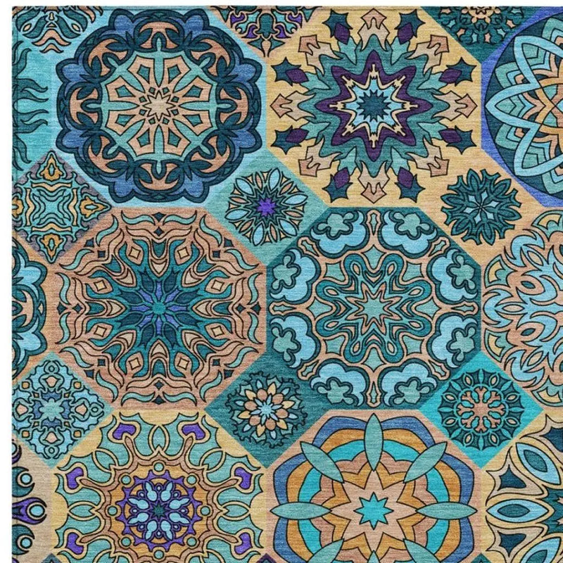 5' X 8' Teal Blue And Turquoise Patchwork Washable Indoor Outdoor Area Rug Homeroots Outdoor