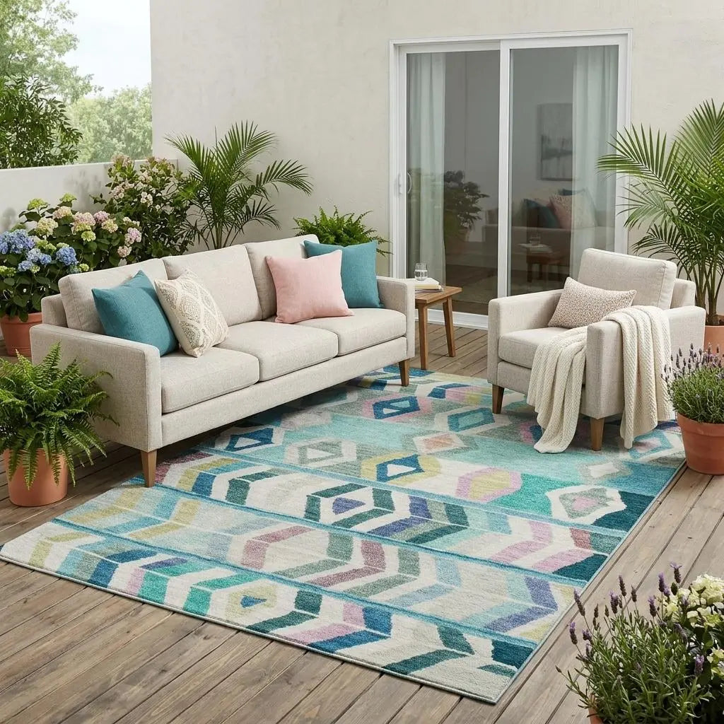 5' X 8' Teal Blue And Turquoise Tribal Washable Indoor Outdoor Area Rug Homeroots Outdoor