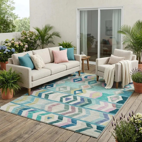 5' X 8' Teal Blue And Turquoise Tribal Washable Indoor Outdoor Area Rug Homeroots Outdoor