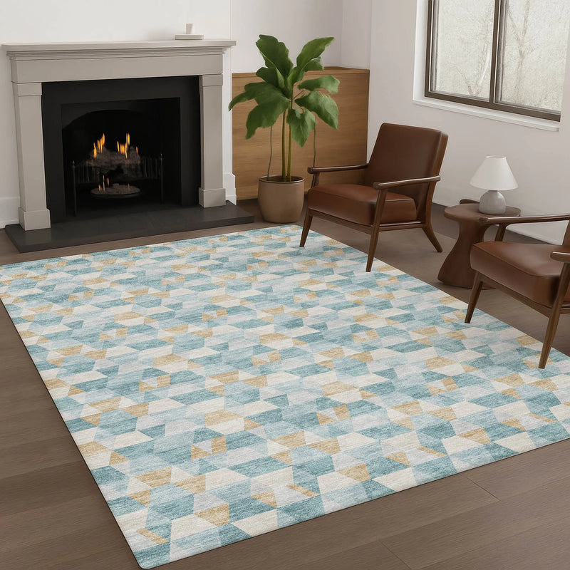 5' X 8' Teal Blue And Walnut Geometric Washable Indoor Outdoor Area Rug Homeroots Outdoor