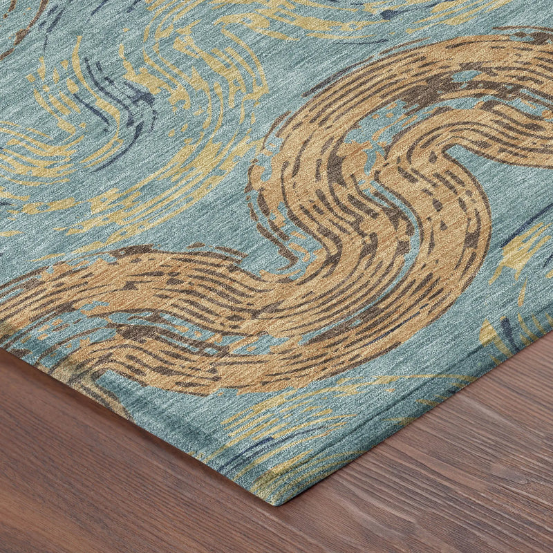 5' X 8' Teal Blue And Wheat Abstract Washable Indoor Outdoor Area Rug Homeroots Outdoor
