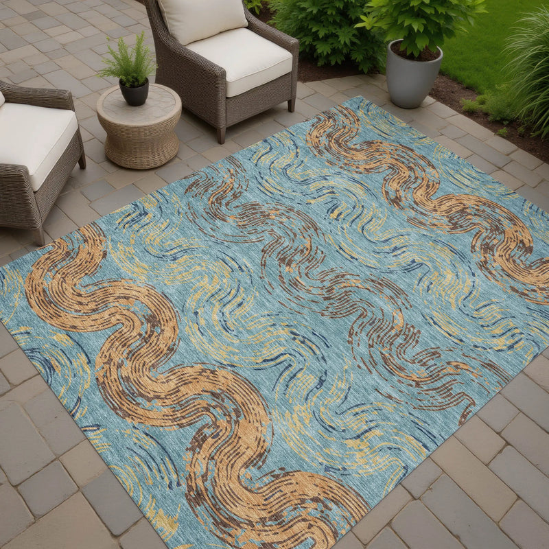 5' X 8' Teal Blue And Wheat Abstract Washable Indoor Outdoor Area Rug Homeroots Outdoor