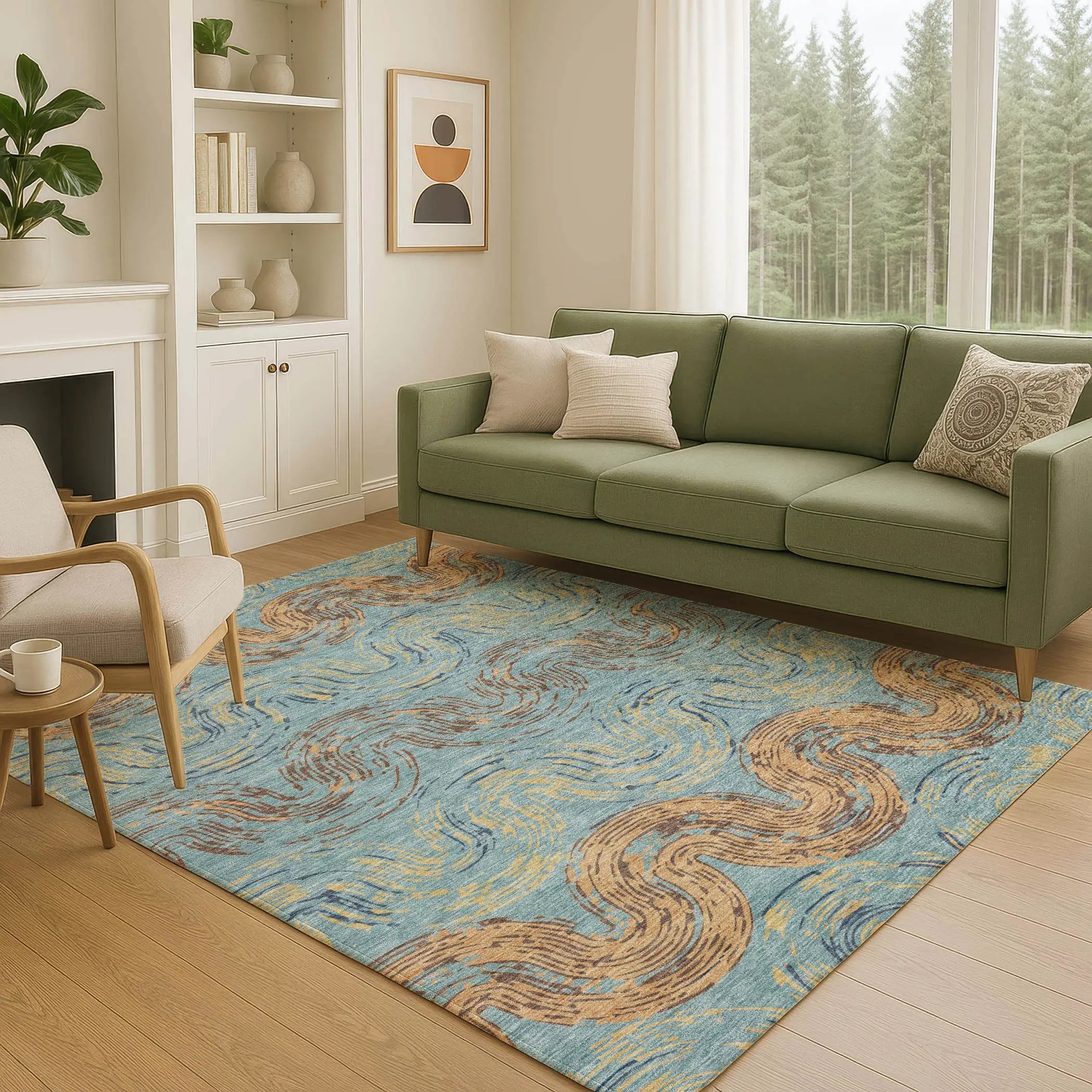 5' X 8' Teal Blue And Wheat Abstract Washable Indoor Outdoor Area Rug Homeroots Outdoor