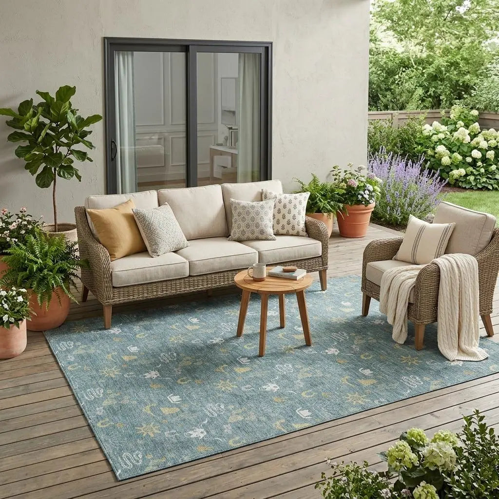5' X 8' Teal Blue And Wheat Cactus Washable Indoor Outdoor Area Rug Homeroots Outdoor