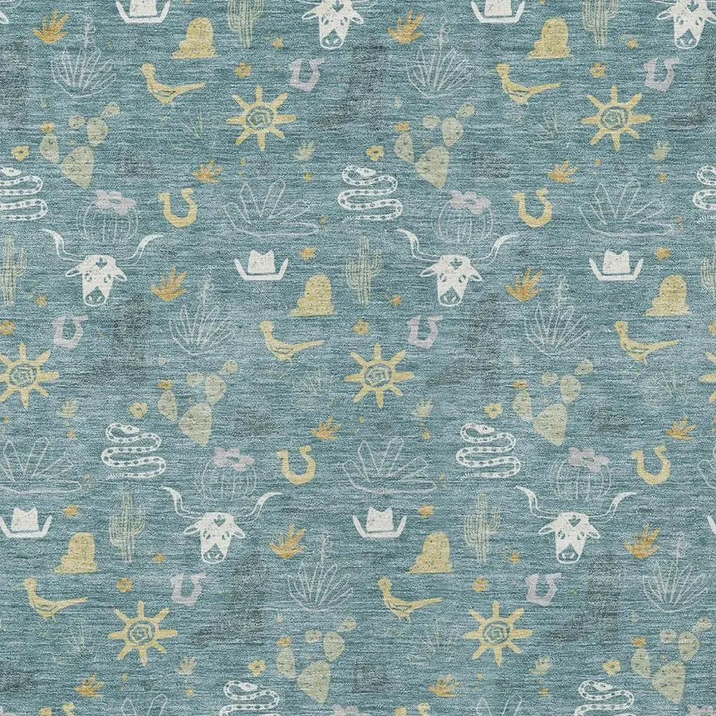 5' X 8' Teal Blue And Wheat Cactus Washable Indoor Outdoor Area Rug Homeroots Outdoor