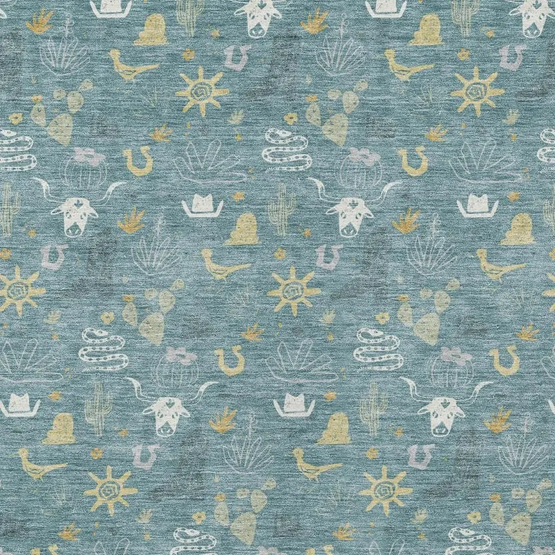 5' X 8' Teal Blue And Wheat Cactus Washable Indoor Outdoor Area Rug Homeroots Outdoor