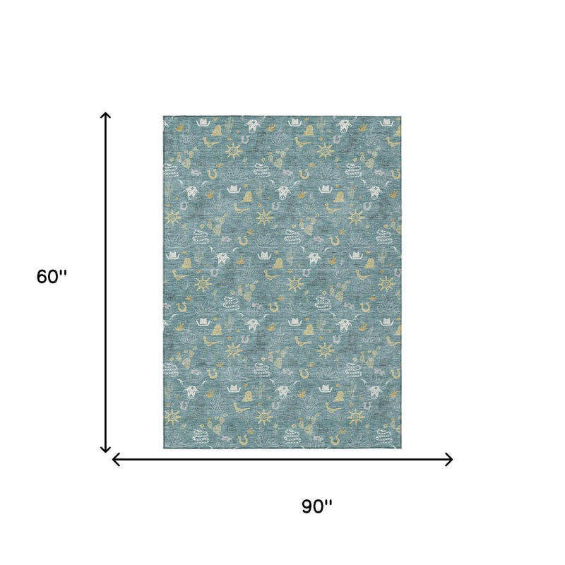 5' X 8' Teal Blue And Wheat Cactus Washable Indoor Outdoor Area Rug Homeroots Outdoor