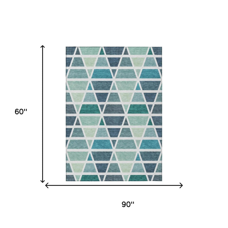 5' X 8' Teal Blue And White Geometric Washable Indoor Outdoor Area Rug Homeroots Outdoor