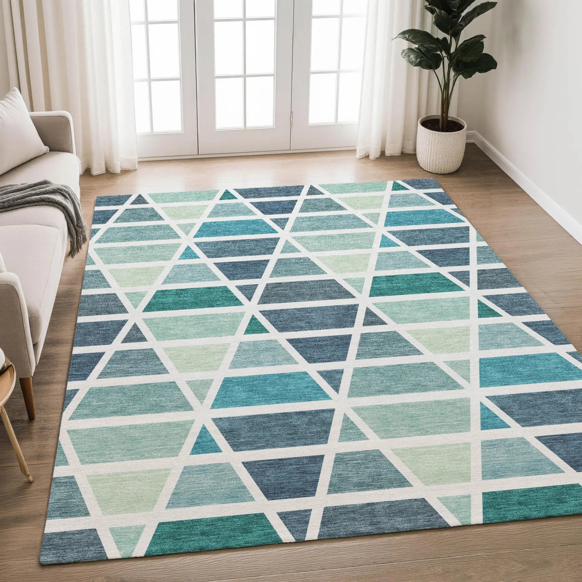 5' X 8' Teal Blue And White Geometric Washable Indoor Outdoor Area Rug Homeroots Outdoor