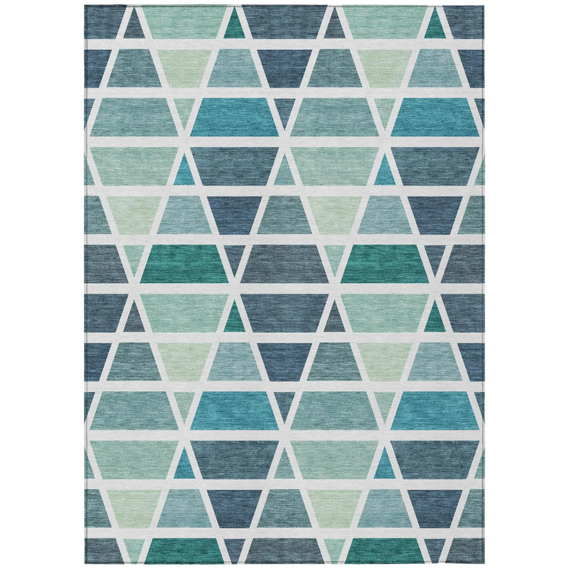 5' X 8' Teal Blue And White Geometric Washable Indoor Outdoor Area Rug Homeroots Outdoor