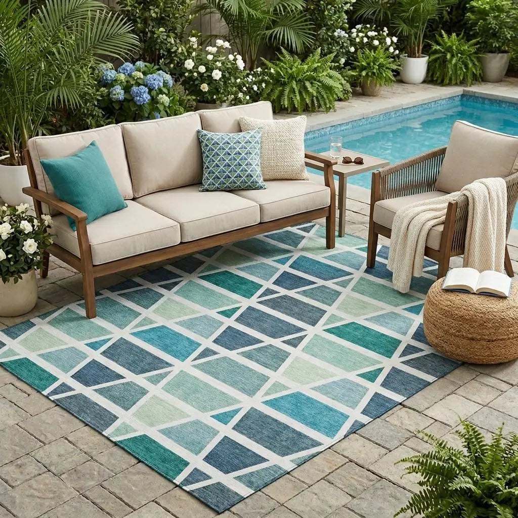 5' X 8' Teal Blue And White Geometric Washable Indoor Outdoor Area Rug Homeroots Outdoor
