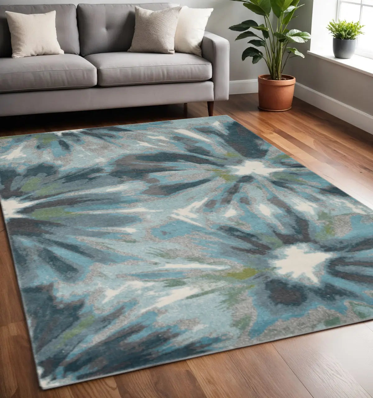 5' X 8' Teal Ivory And Gray Floral Area Rug Homeroots Home Decor