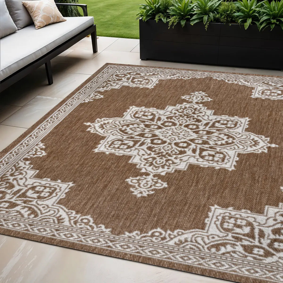 5' X 8' Terra Cotta And Cream Medallion Indoor Outdoor Area Rug Homeroots Outdoor