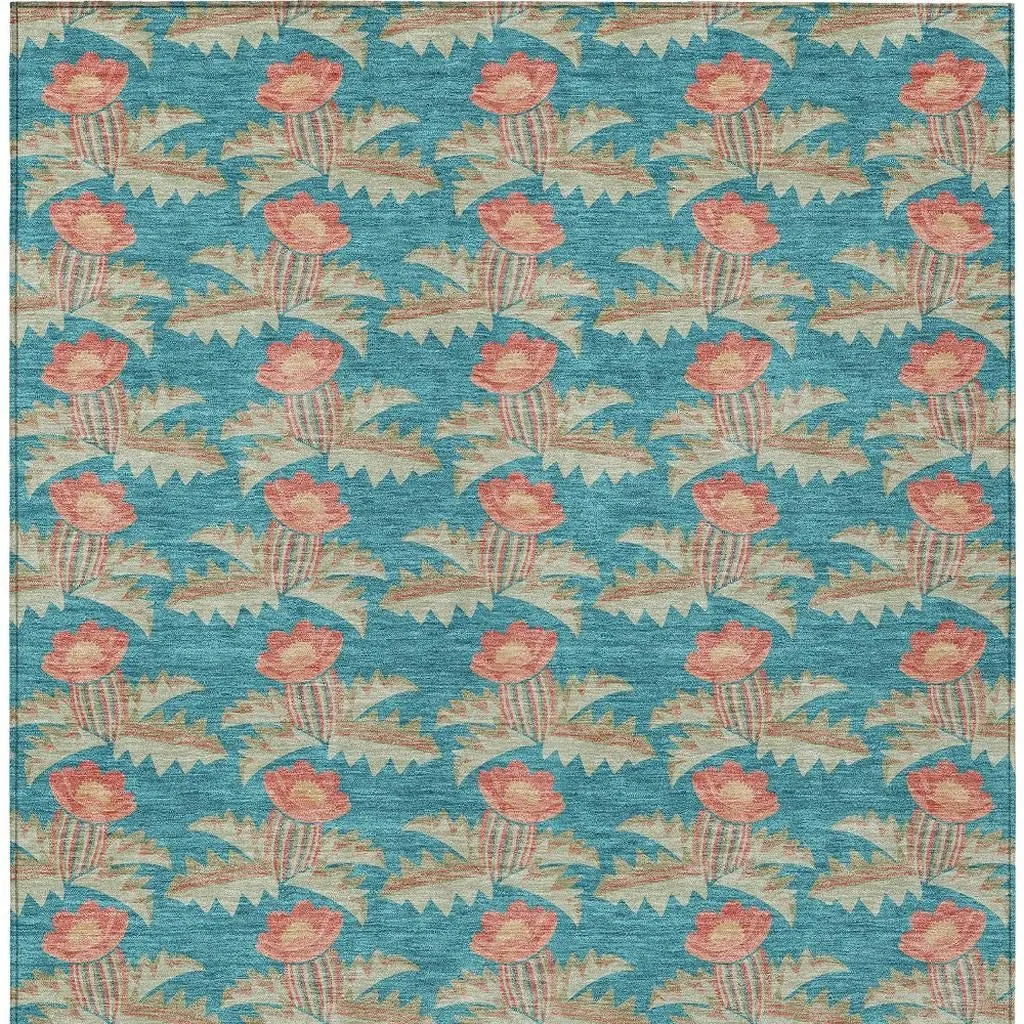 5' X 8' Turquoise And Brown Floral Washable Indoor Outdoor Area Rug Homeroots Outdoor