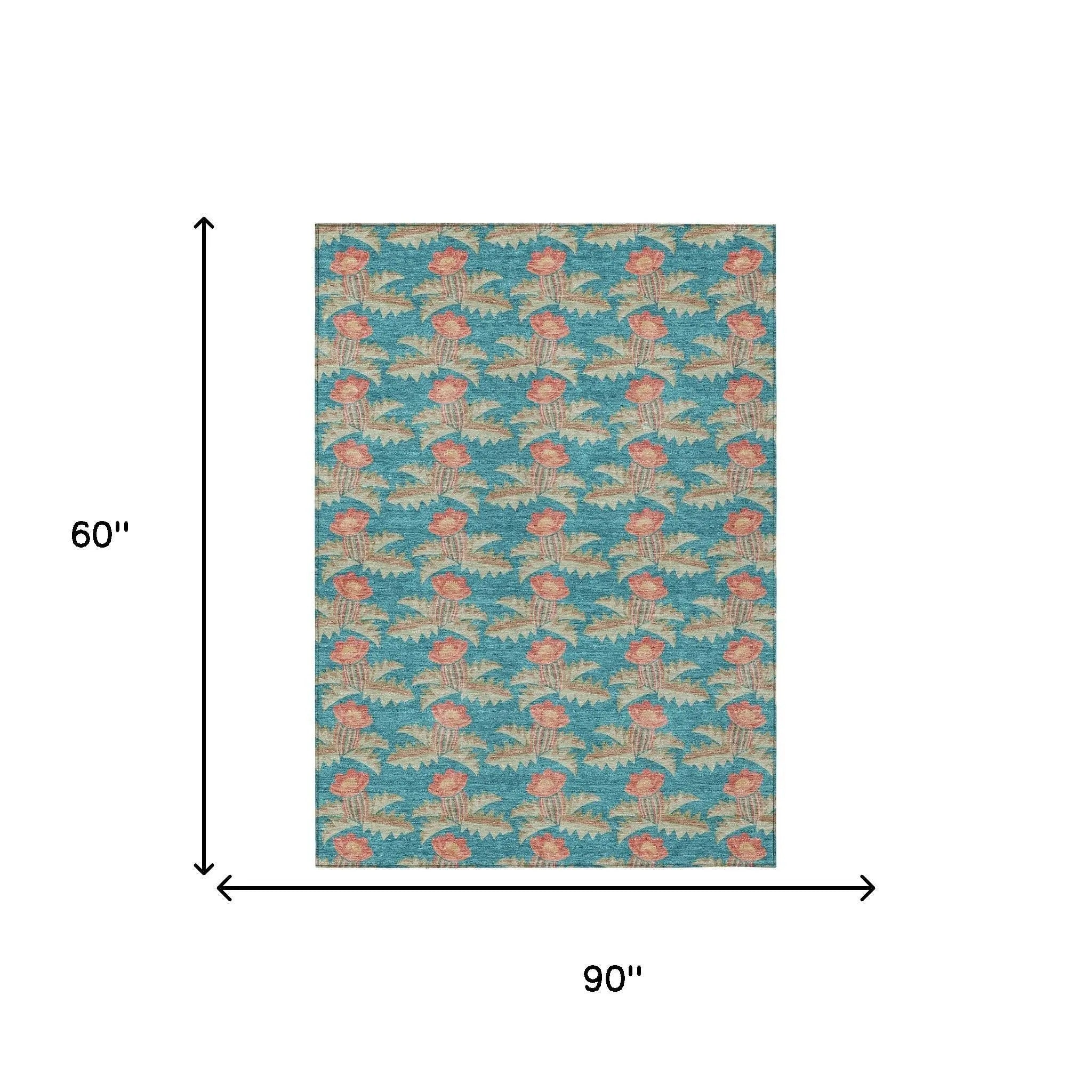 5' X 8' Turquoise And Brown Floral Washable Indoor Outdoor Area Rug Homeroots Outdoor